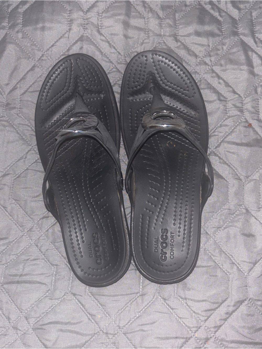 CROCS Woman’s Black Flip Sandals with Gloss Strap Detail